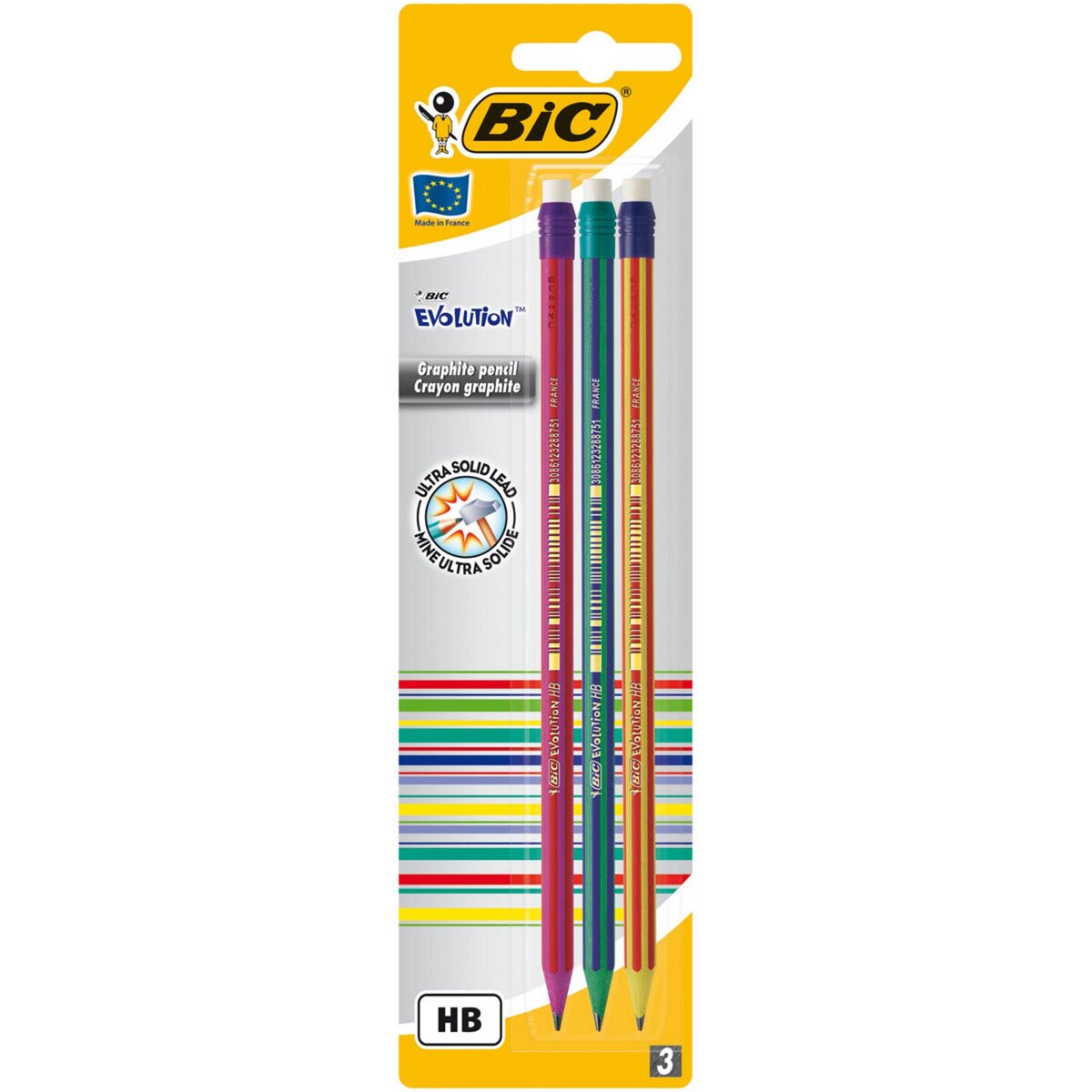 BIC Crayons à papier HB avec gomme intégrée EVOLUTION STRIPES (lot de 3)