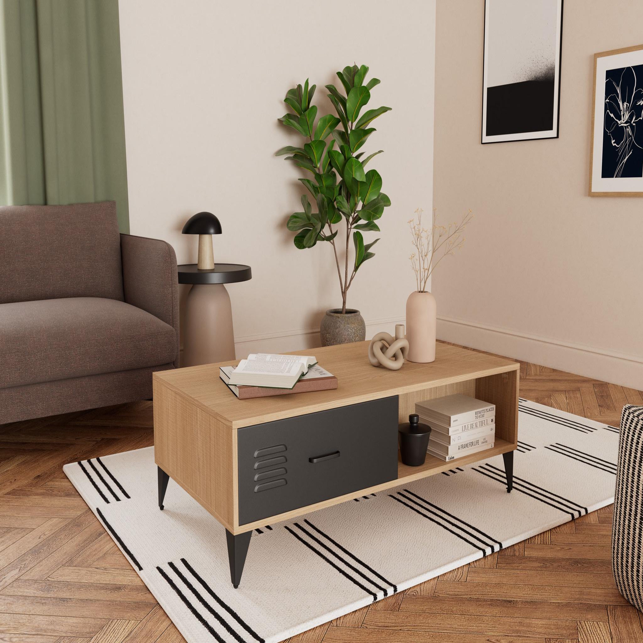BEST MOBILIER Tribeca - table basse - effet bois et métal noir - 1 tiroir et 1 niche - 110 cm. Coloris disponibles : Marron