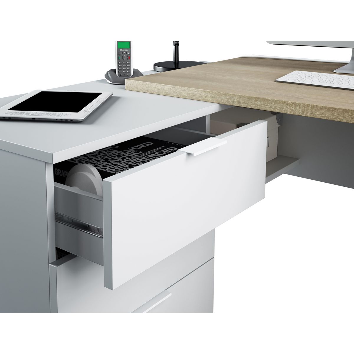 Bureau d'angle réversible droit ou gauche avec caisson 3 tiroirs L145cm OFFICIO