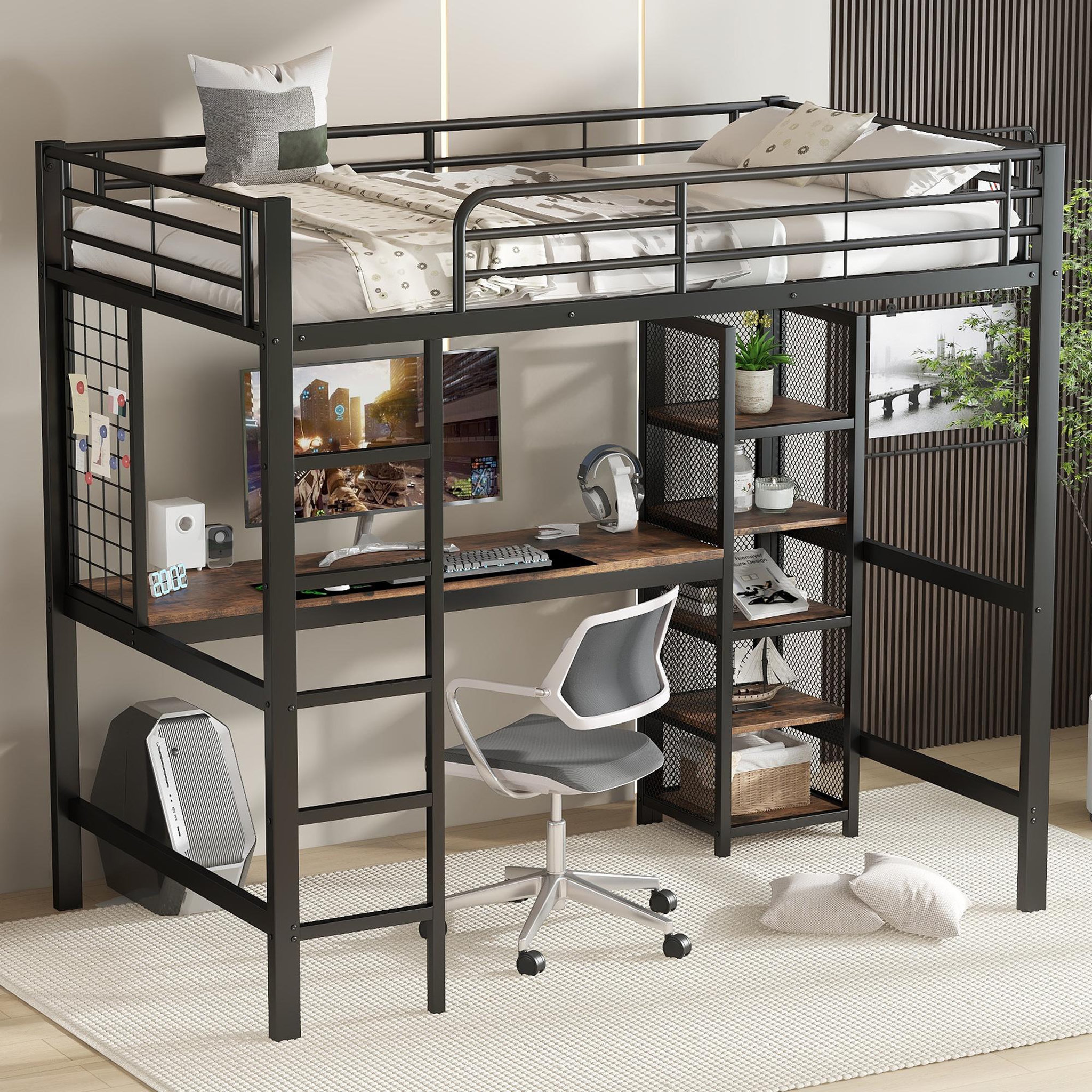 Voir la diapositive 5 : MERAX Lit mezzanine 90x200cm coloris noir métal et mdf