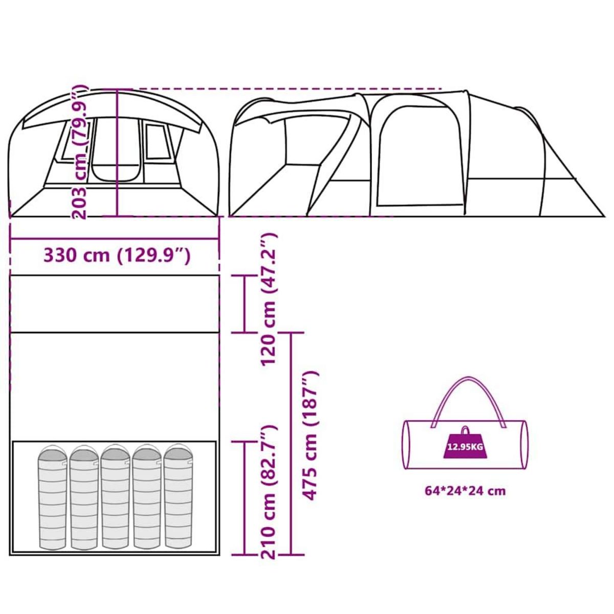 VIDAXL Tente de camping tunnel 5 personnes vert impermeable