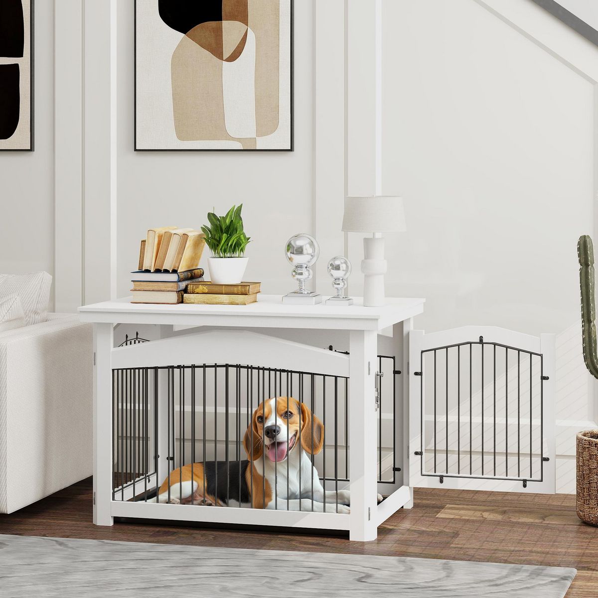 PAWHUT Cage barrière chien table basse d'appoint 3 en 1 plateau déjection amovible porte verrouillable acier MDF noir blanc