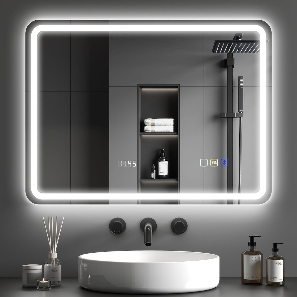 HOMCOM Miroir lumineux LED salle de bain Bluetooth 60x80cm - horloge numérique, antibuée, tactile, réglable - verre trempé 4 mm