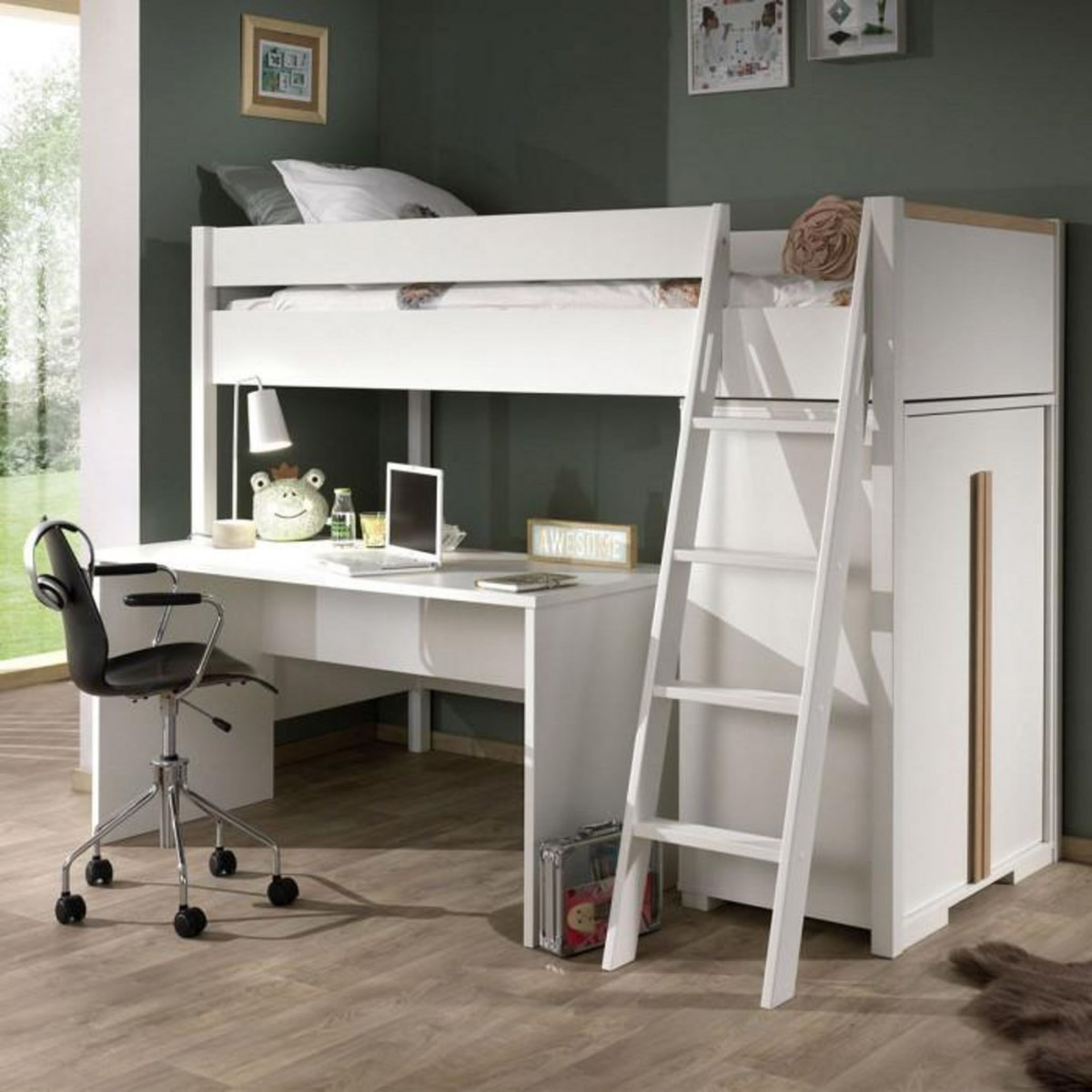 Paris Prix Pack - Lit Mezzanine Enfant & Armoire & Bureau  London  Blanc