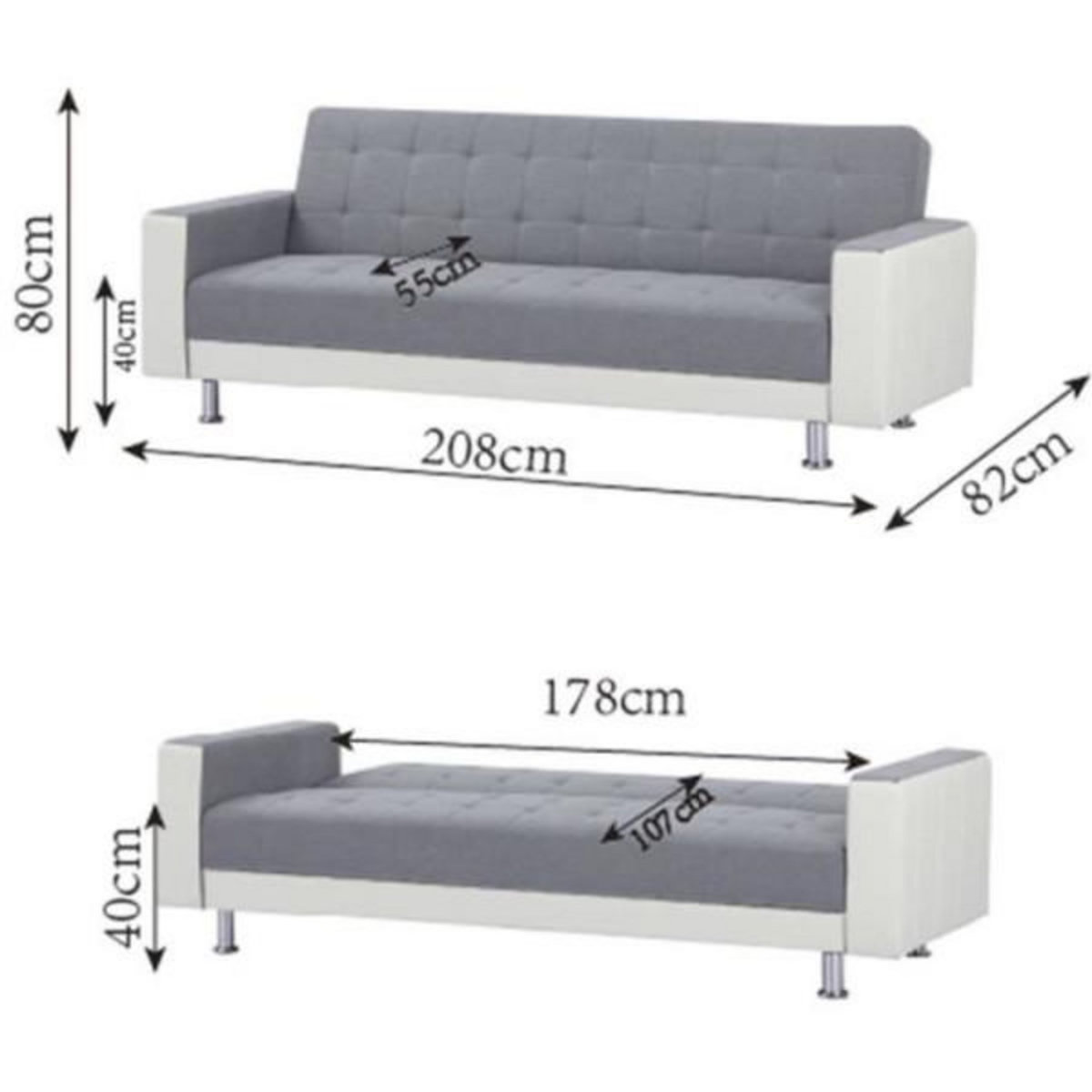 MARKET24 Canapé Droit Clic clac convertible 3 places IVANA - Tissu et PU Gris foncé et blanc - Style contemporain - L 208 x P 86 x H 80