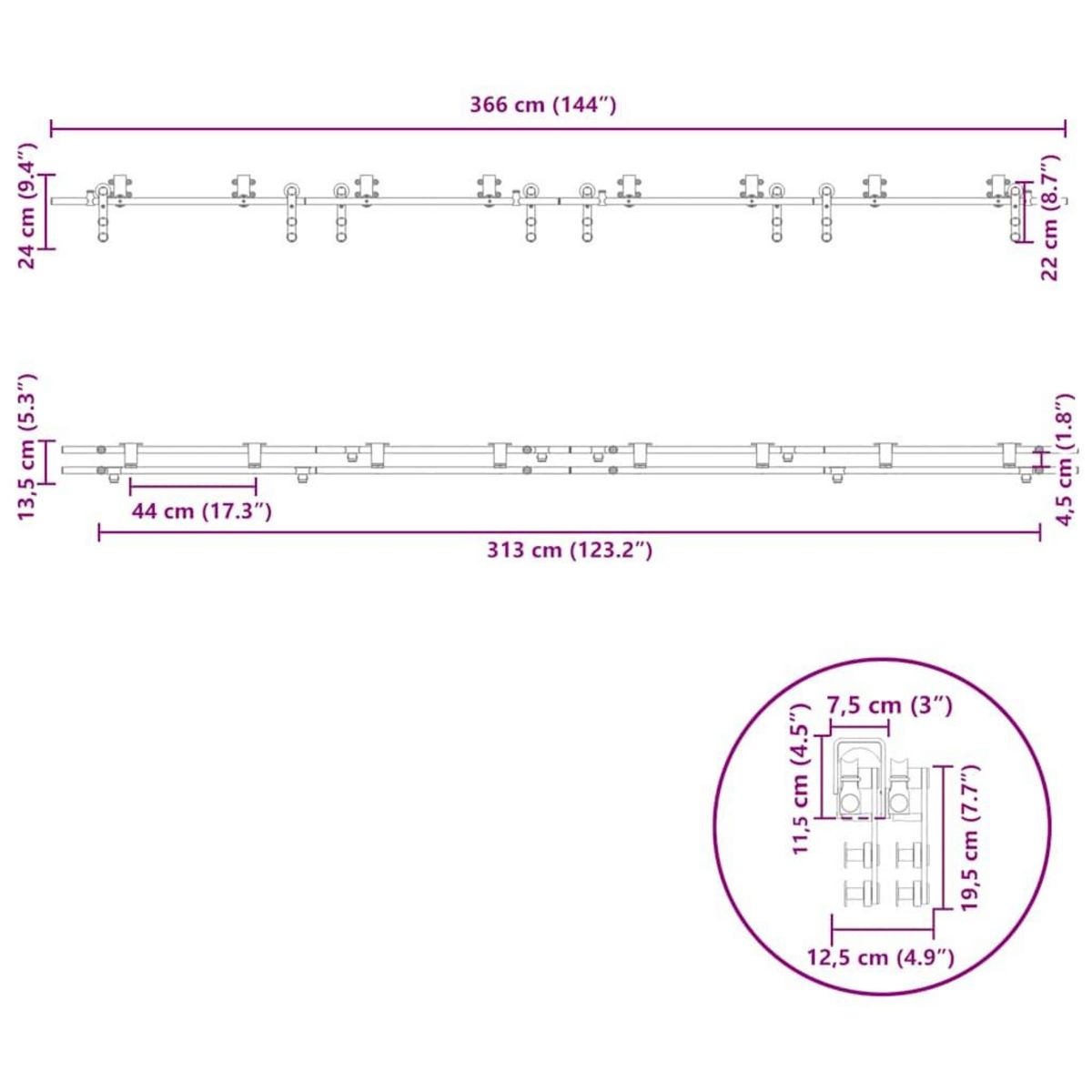 VIDAXL Kit fixation porte coulissante 366 cm Acier inoxydable Argente