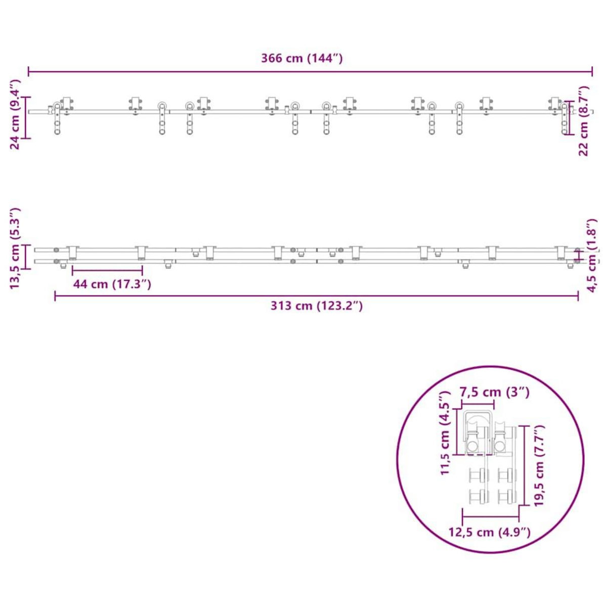 VIDAXL Kit fixation porte coulissante 366 cm Acier inoxydable Argente