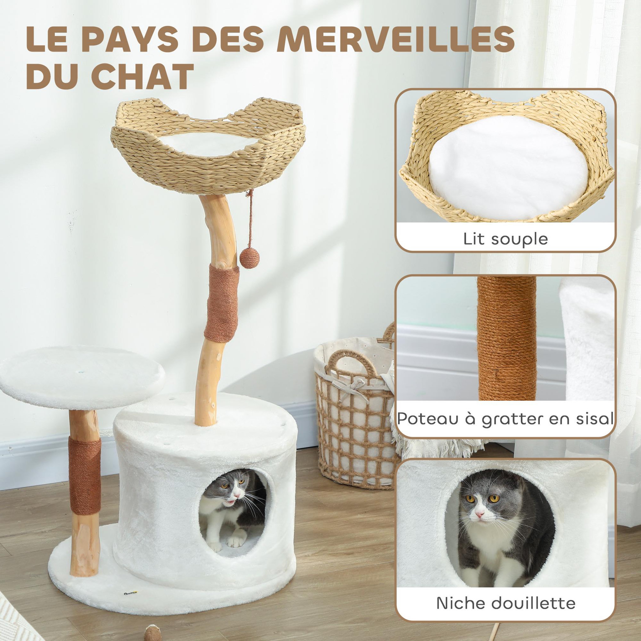Voir la diapositive 5 : PAWHUT Arbre à chat bois design naturel griffoirs boule chanvre panier observation tressé coussin niche