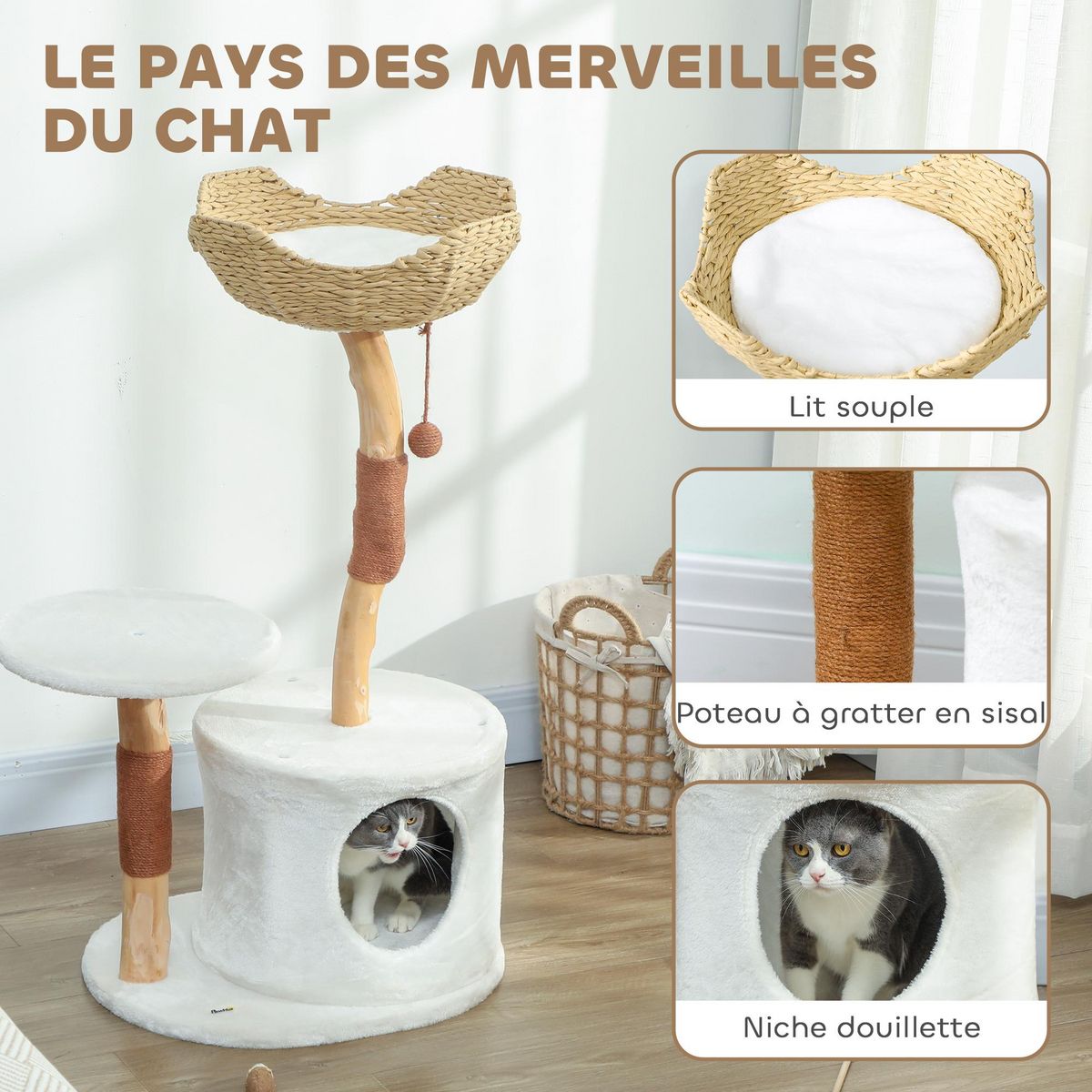 PAWHUT Arbre à chat bois design naturel griffoirs boule chanvre panier observation tressé coussin niche