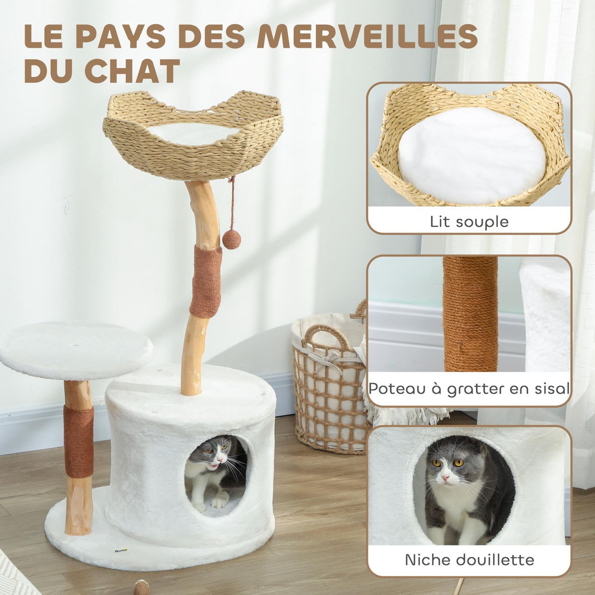 PAWHUT Arbre à chat bois design naturel griffoirs boule chanvre panier observation tressé coussin niche