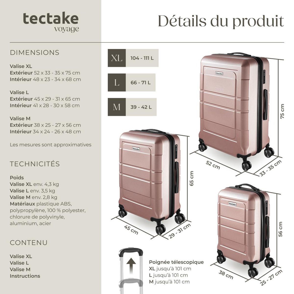 tectake Set de valises de voyage 3 pièces en plastique ABS robuste avec revêtement en polycarbonate or rose