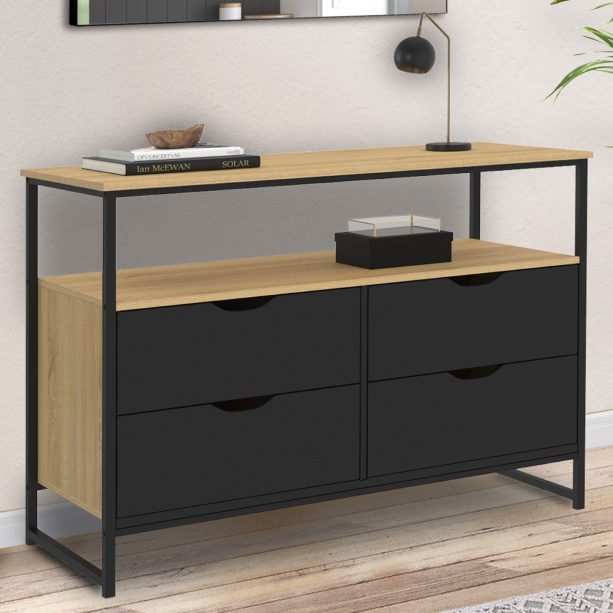 ID MARKET Commode 4 tiroirs noirs BOSTON 110 cm design industriel avec étagère