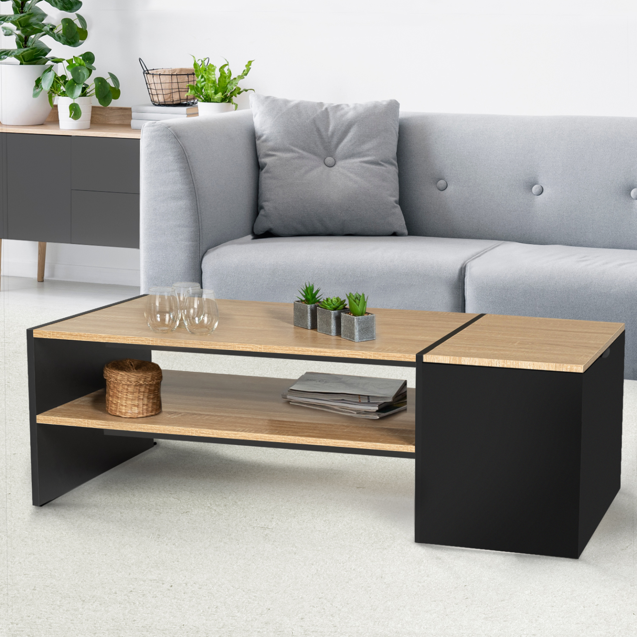 Voir la diapositive 4 : ID MARKET Table basse bar contemporaine rectangulaire izia avec coffre noir et plateaux bois