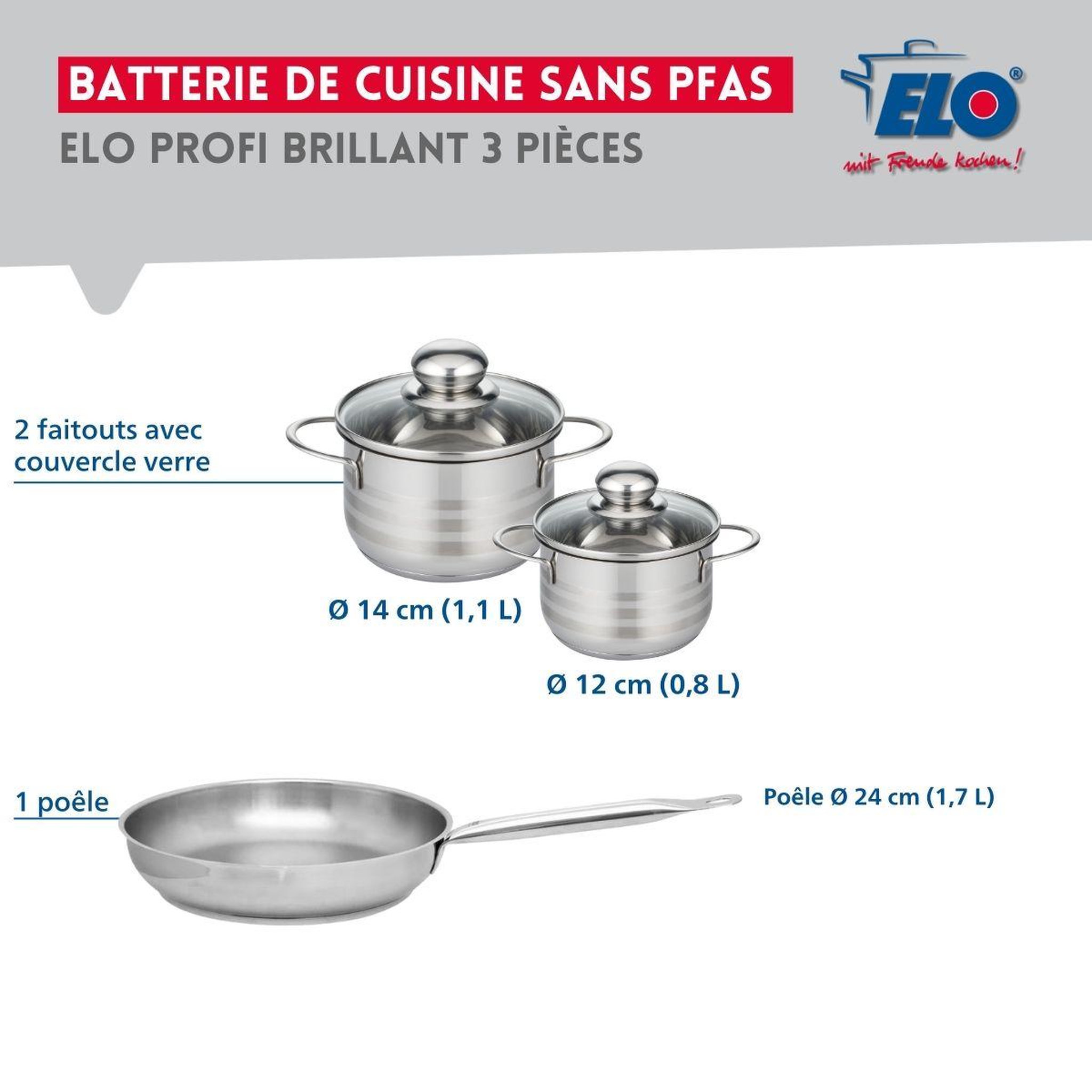 Voir la diapositive 2 : ELO Ensemble de 1 Poêle de cuisson 24 cm et 2 faitouts 12 et 14 cm Elo Profi Brillant