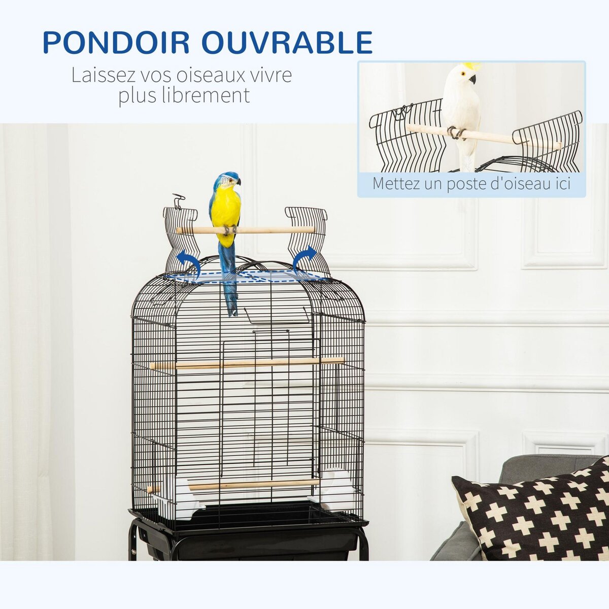 PAWHUT PawHut Cage à oiseaux volière amovible sur roulettes - toit ouvrant, tiroir déjection, 2 perchoirs, 2 trappes, porte, 2 mangeoires, 2 poignées - étagère - acier PP noir