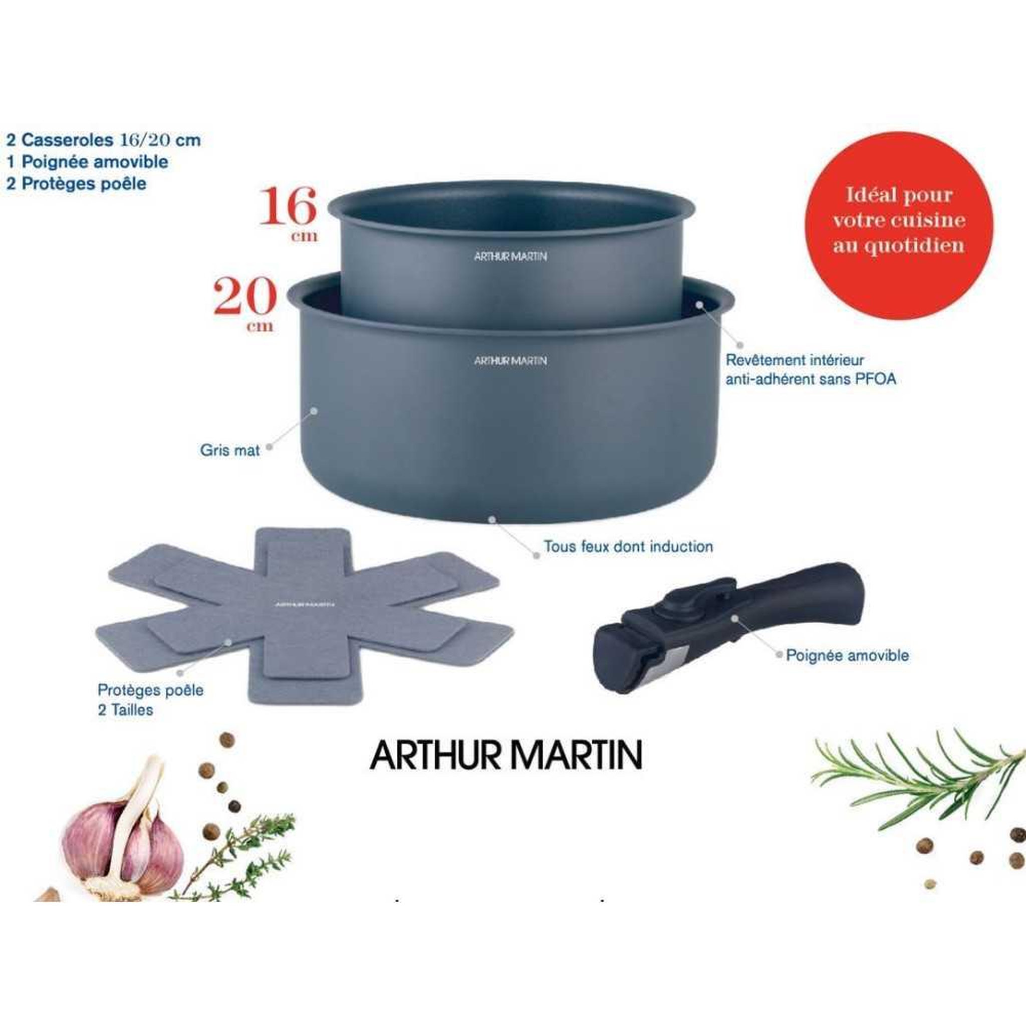 Voir la diapositive 2 : Arthur Martin Arthur martin am2984 set de 2 casseroles antiadhésives 16 et 20 cm, poignée amovible, tous feux dont induction