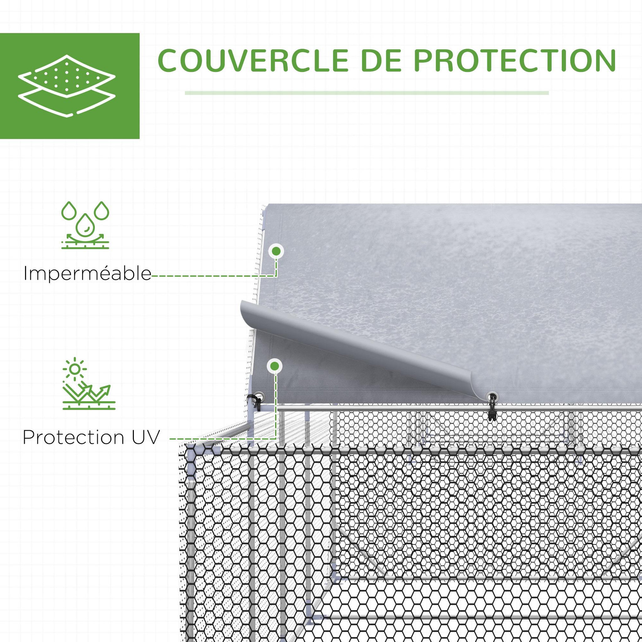 Voir la diapositive 5 : PAWHUT Enclos poulailler chenil 12,54 m² - parc grillagé dim 6,6L x 1,9l x 1,95H m - espace couvert - acier galvanisé