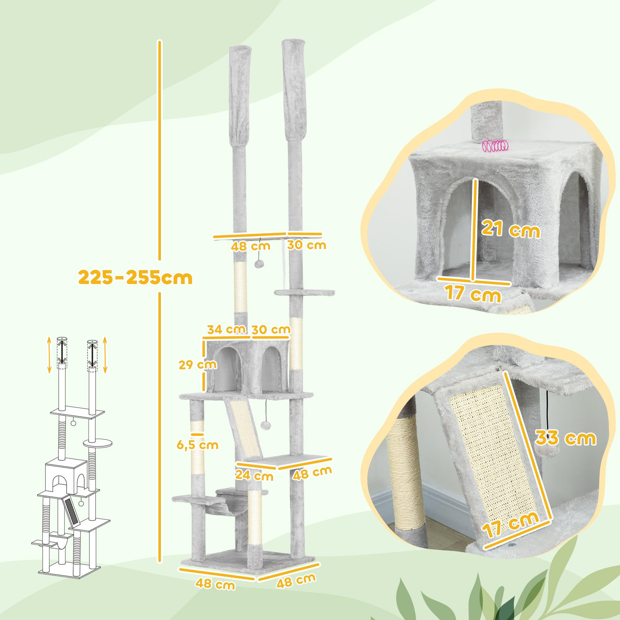 Voir la diapositive 3 : PAWHUT Arbre à chat du sol au plafond xxl, hauteur réglable 225-255 cm, griffoir pour chat en sisal à 6 niveaux avec niche, hamac, plates-formes, échelle et 2 pompons suspendues, gris clair
