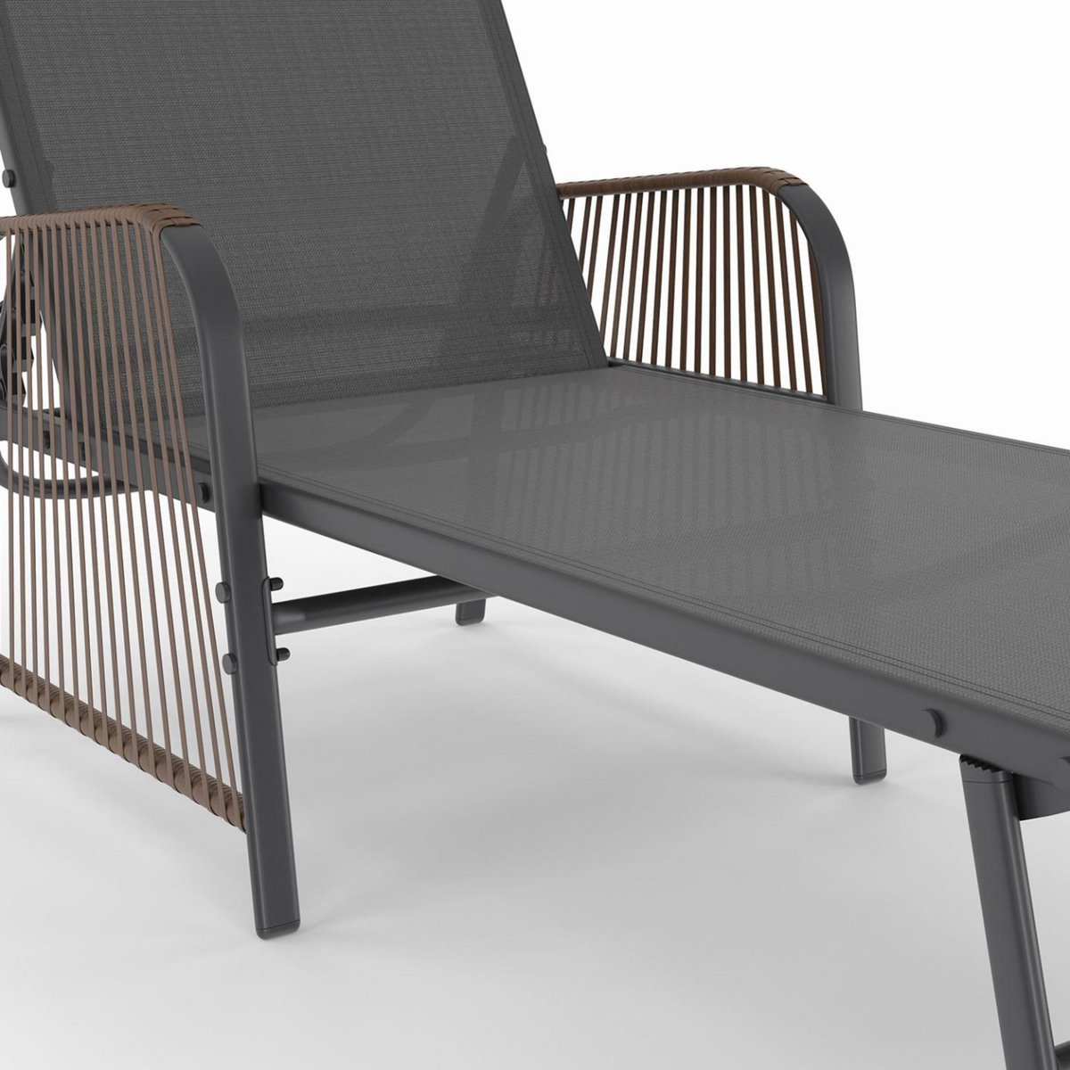 ID MARKET Lot de 2 transats de jardin inclinables RIO en acier gris anthracite, cordage effet rotin avec accoudoirs et toile grise