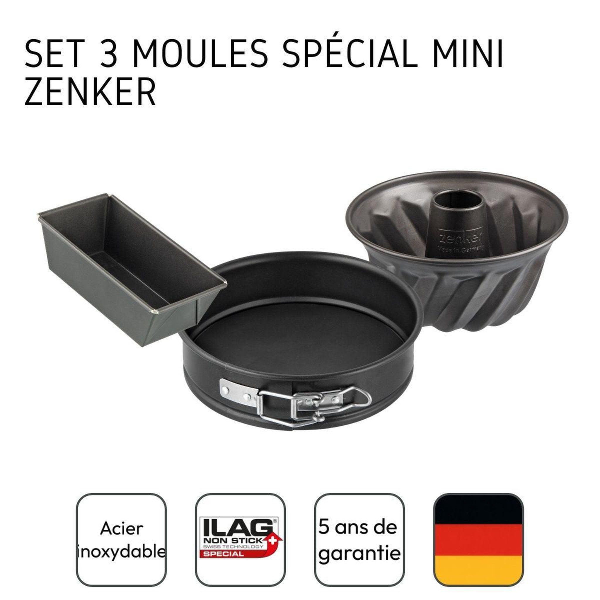 Voir la diapositive 4 : ZENKER Set de 3 mini moules à cake 15 cm, charnière 16 cm et kouglof 18 cm zenker spécial mini