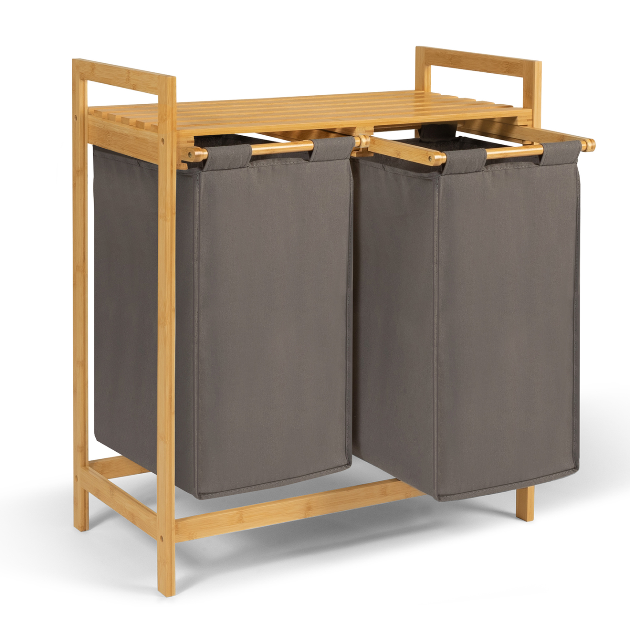 Voir la diapositive 3 : ID MARKET Panier à linge 2 bacs bambou bea tissu gris foncé