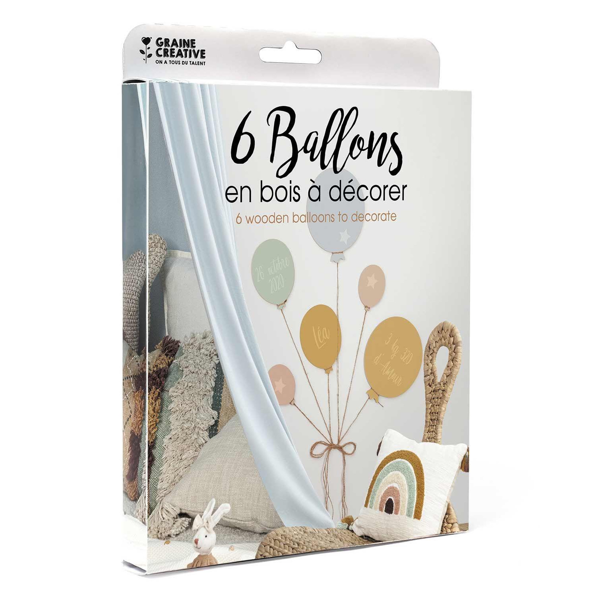 Voir la diapositive 1 : Graine créative 6 ballons en bois + fil de jute