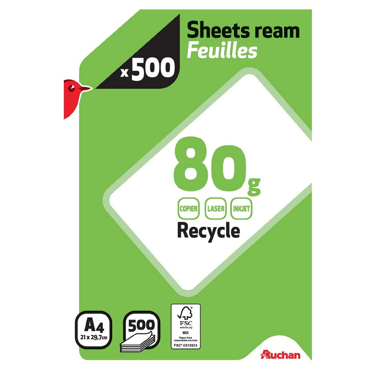 AUCHAN  Ramette de papier blanc recyclé A4 500 feuilles 80gr