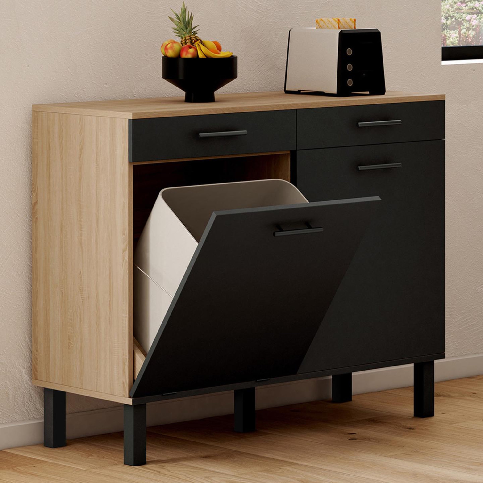 Voir la diapositive 2 : ID MARKET Buffet bas de cuisine avec espace poubelle 100 cm cina plan de travail h.83 cm 2 portes + tiroirs façon hêtre et noir