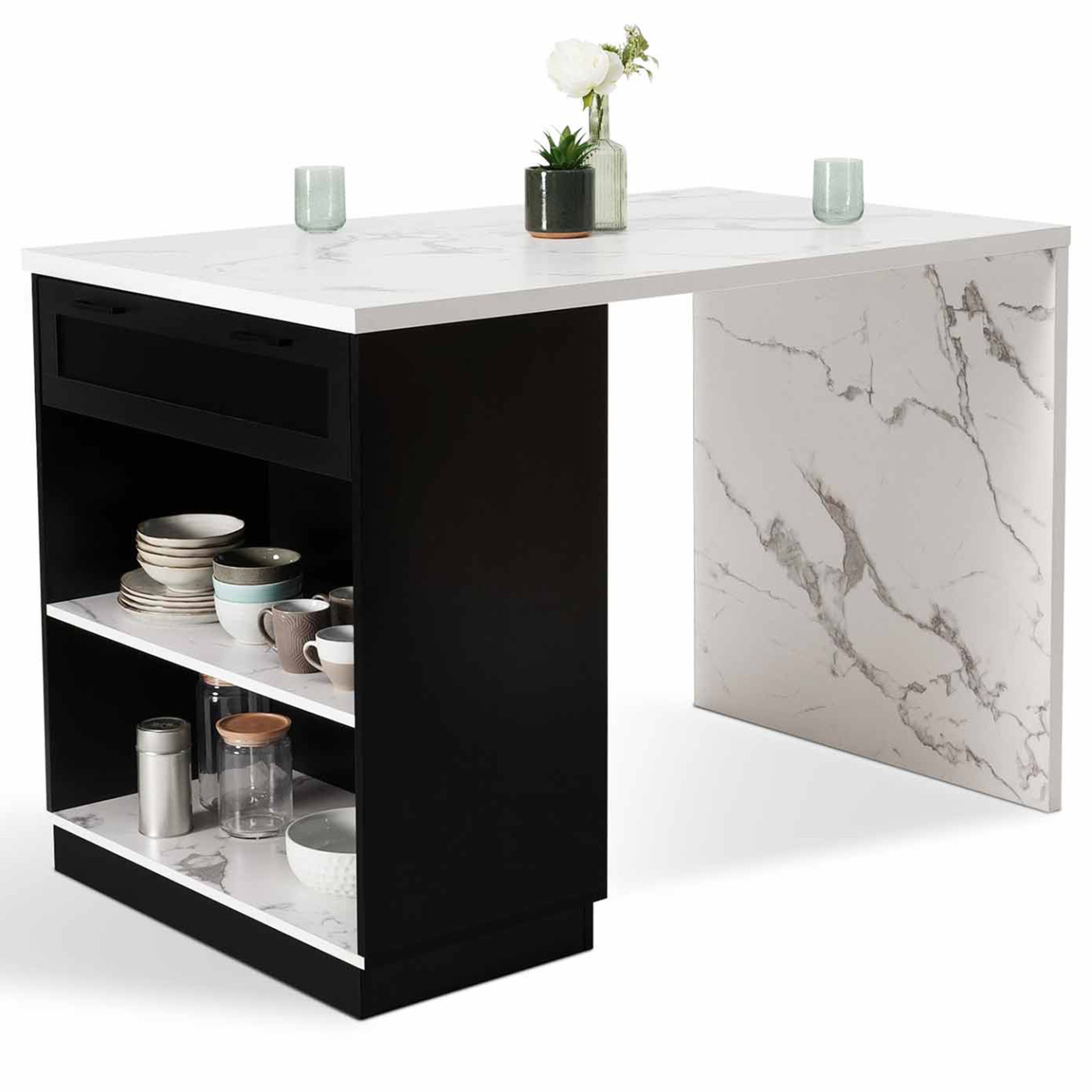 ID MARKET Ilot central mange debout 4 personnes vito 130 cm noir et plateau effet marbre alaska