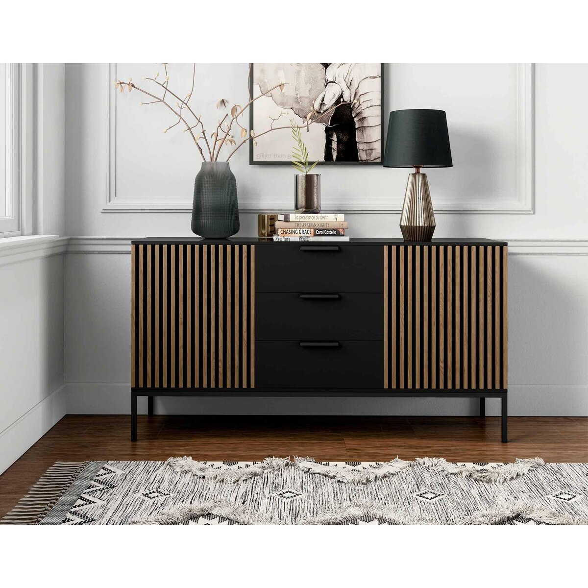 BEST MOBILIER Savanna - buffet bas - effet bois et noir - 3 tiroirs et 2 portes - 150 cm