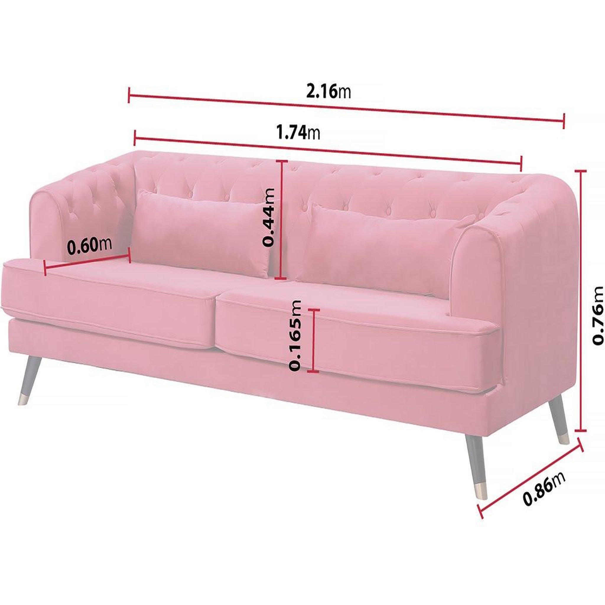 Voir la diapositive 4 : Habitat et Jardin Canapé fixe en velours  gloria  - 216 x 86 x 76 cm - 3 places - rouge