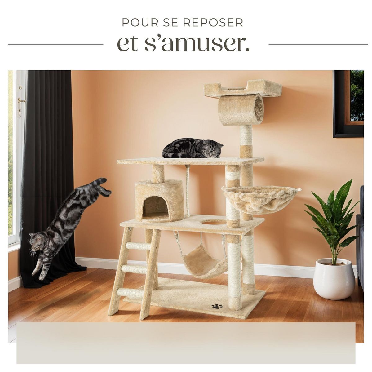 tectake Arbre à chat 141 cm avec griffoir et plateforme d'escalade beige