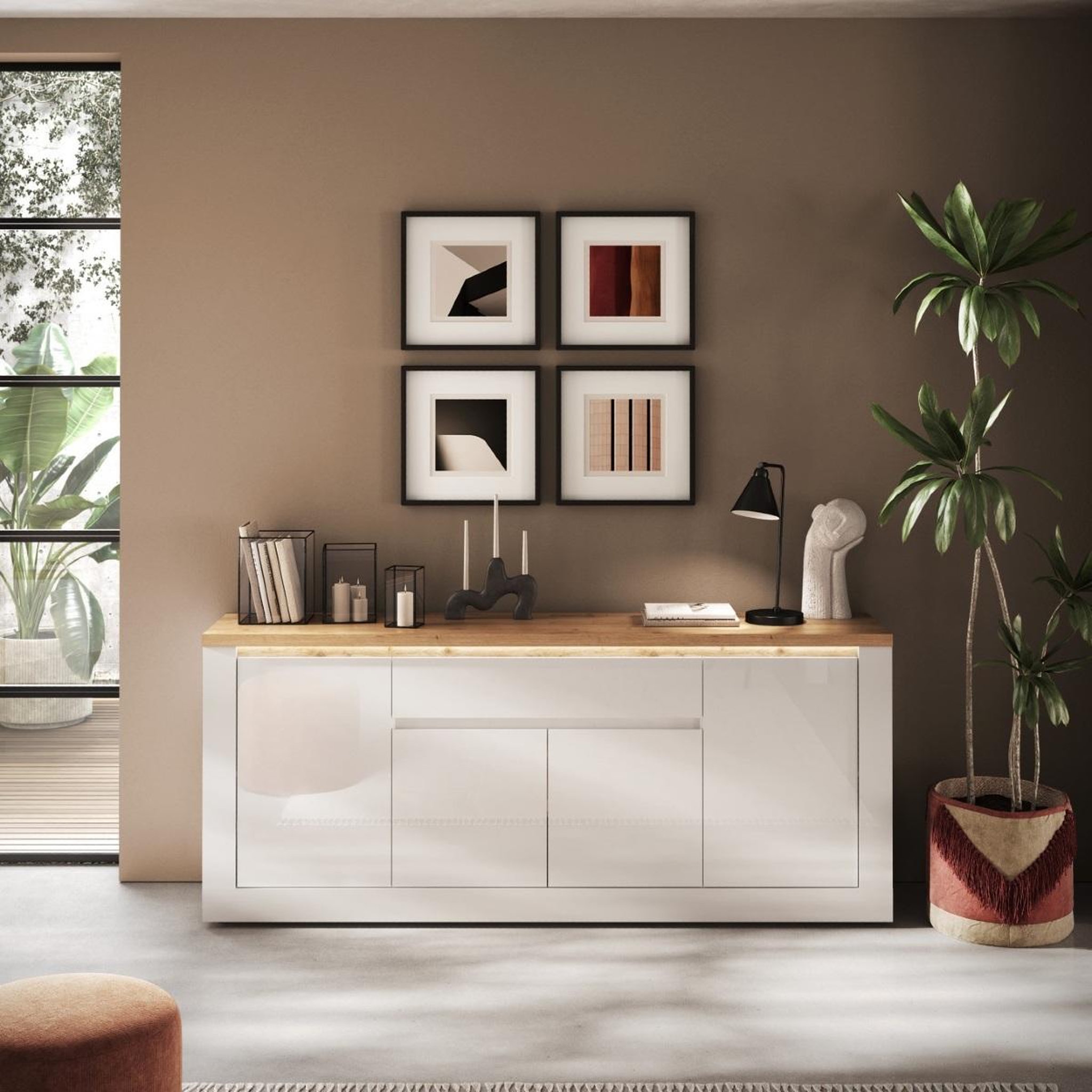 Voir la diapositive 3 : JLC KREATION Buffet moderne 4 portes-1tiroir laqué blanc et bois ARIA