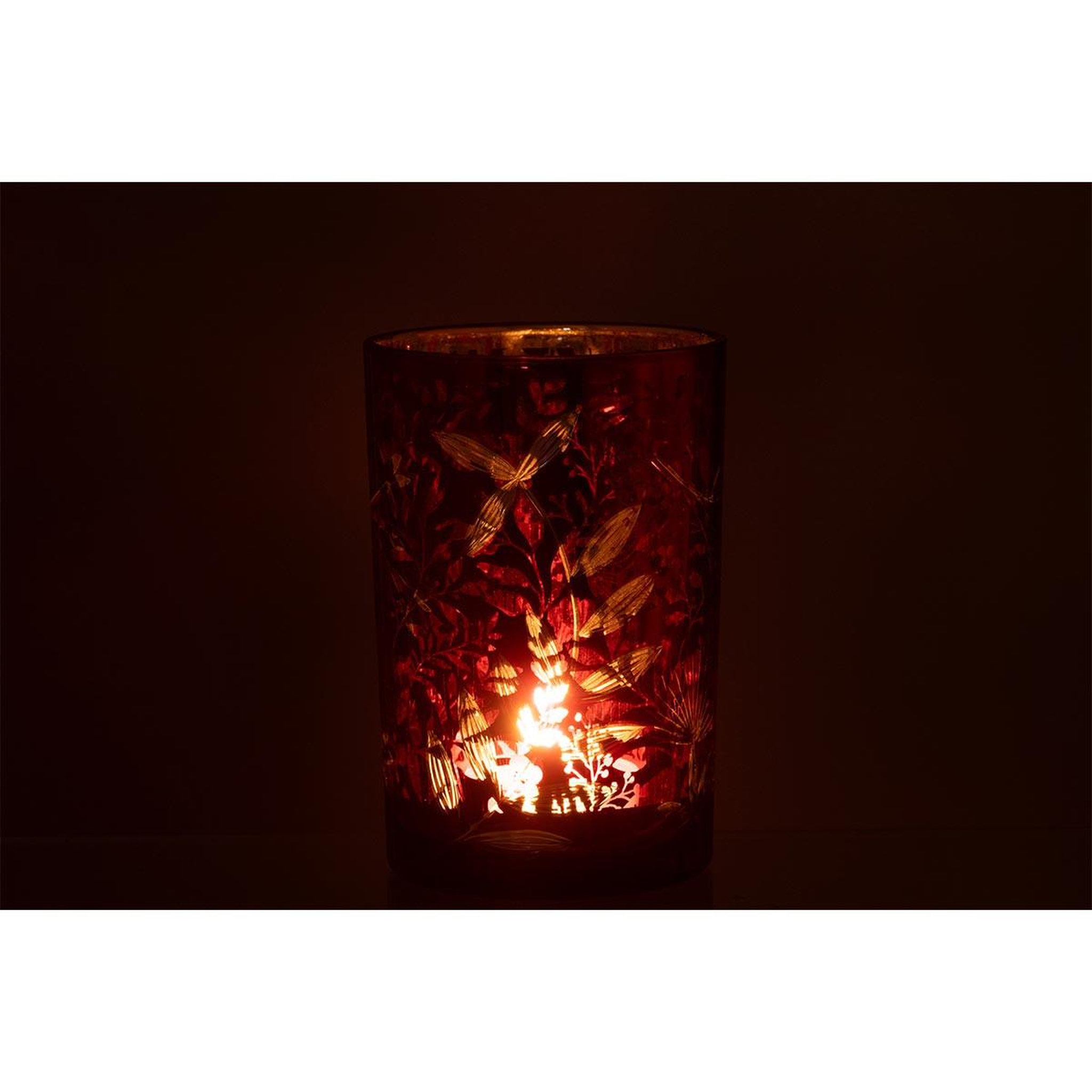 Voir la diapositive 3 : J-LINE Photophore Déco en Verre  Feuilles  18cm Rouge