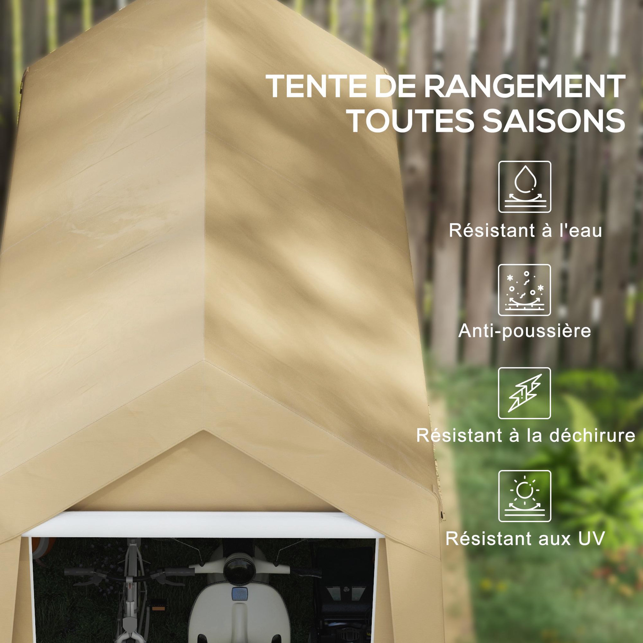 Voir la diapositive 6 : OUTSUNNY Abri de jardin - abri vélo - tente de stockage dim. 2 x 3,6 m - acier galvanisé PE imperméable anti-UV beige
