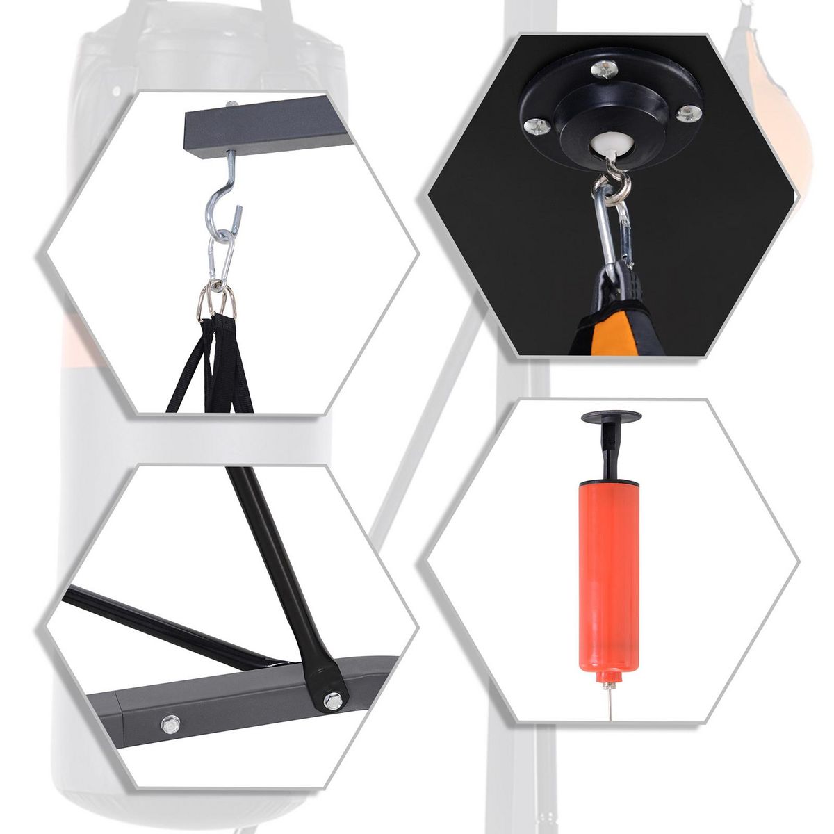 HOMCOM Portique sac de frappe plateforme station de boxe complète avec sac de frappe + poire de vitesse hauteur réglable 5 niveaux pompe à air fournie acier noir gris