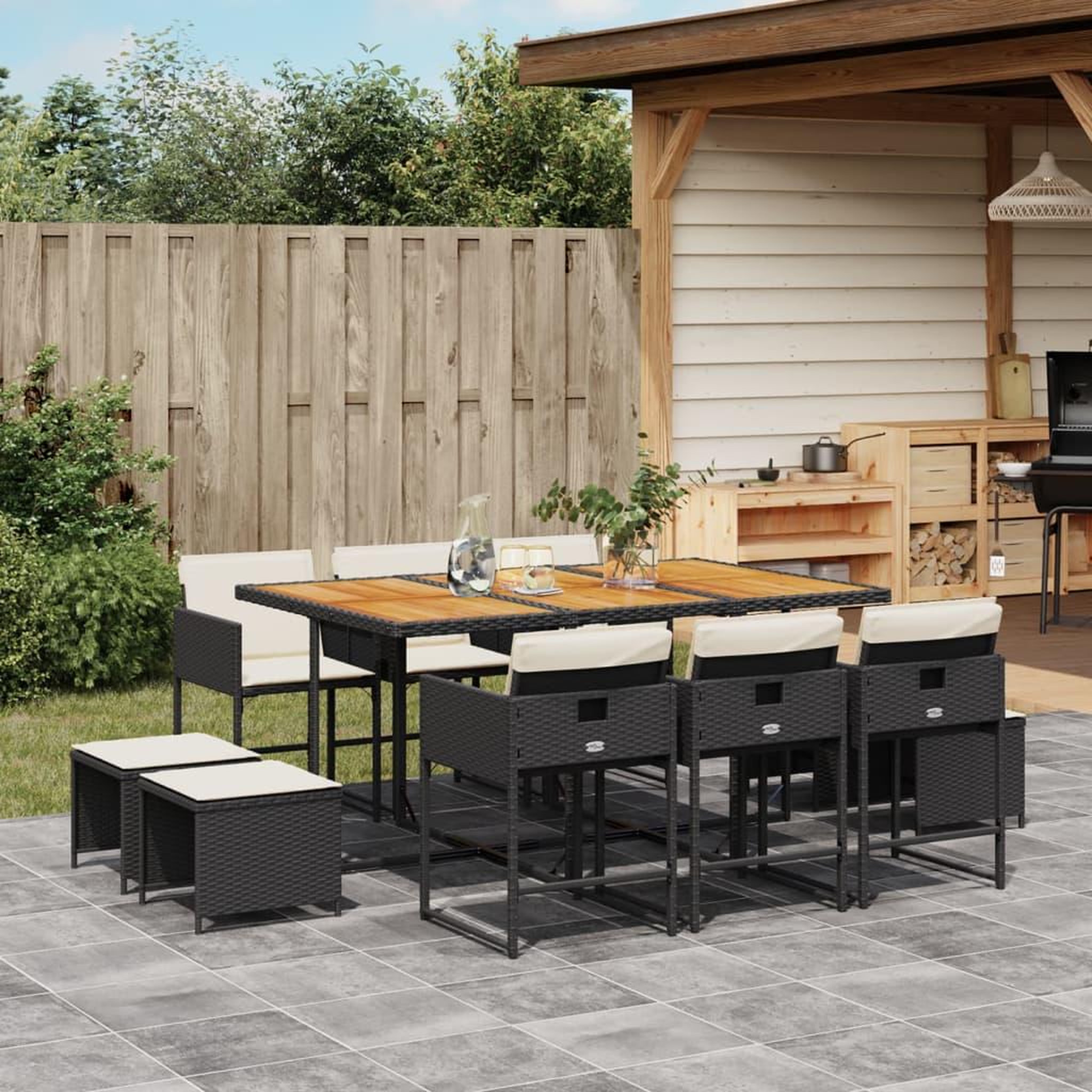 VIDAXL Ensemble a manger de jardin 11 pcs coussins noir resine tressee