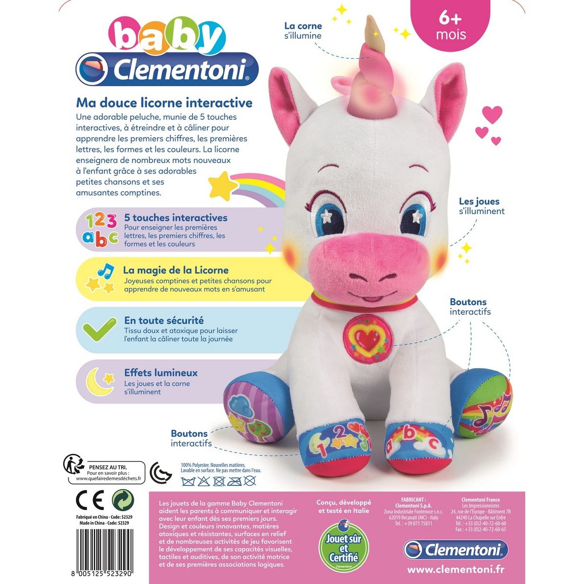 CLEMENTONI Peluche Ma douce Licorne interactive