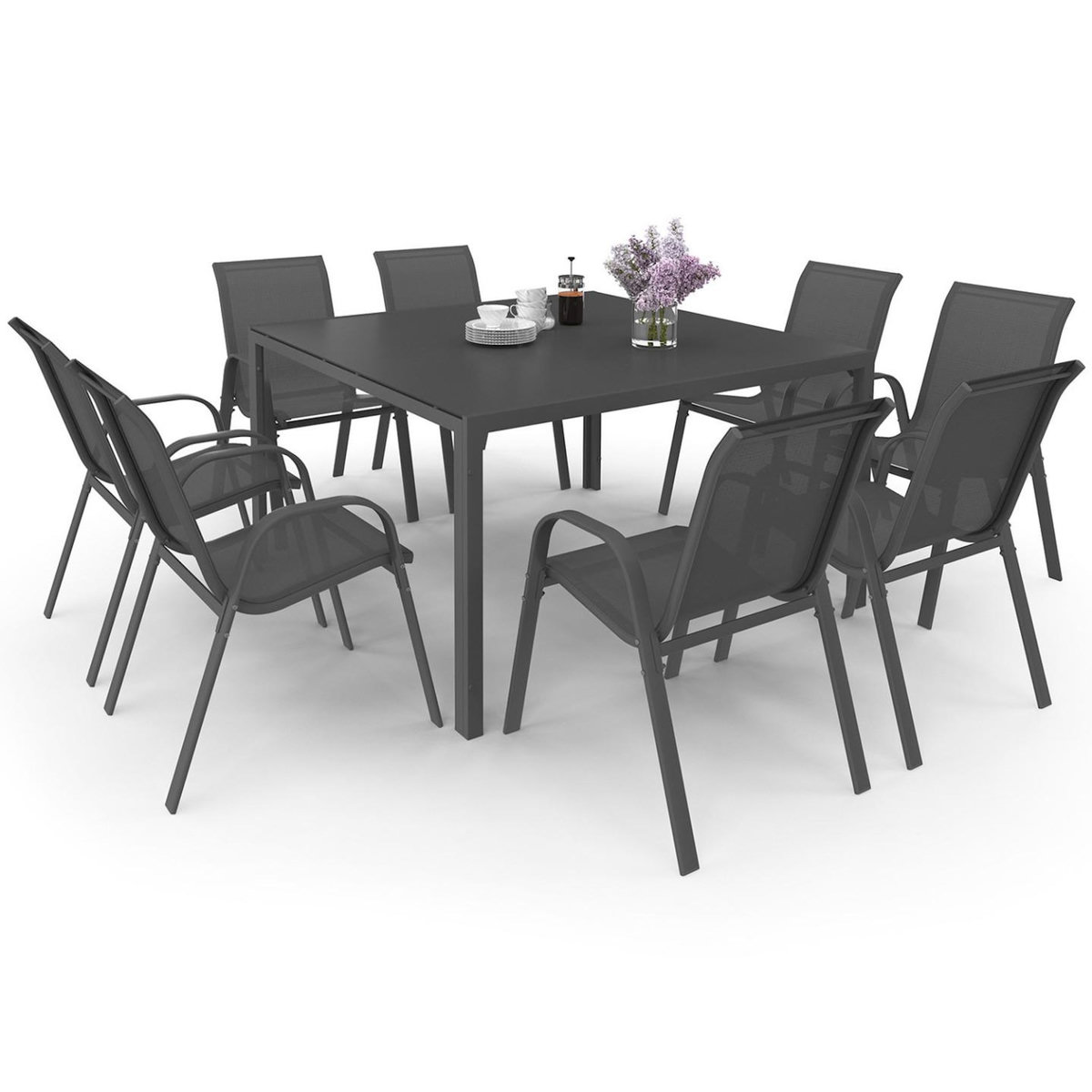 ID MARKET Salon de jardin MADRID table carrée 130 CM et 8 chaises empilables gris anthracite