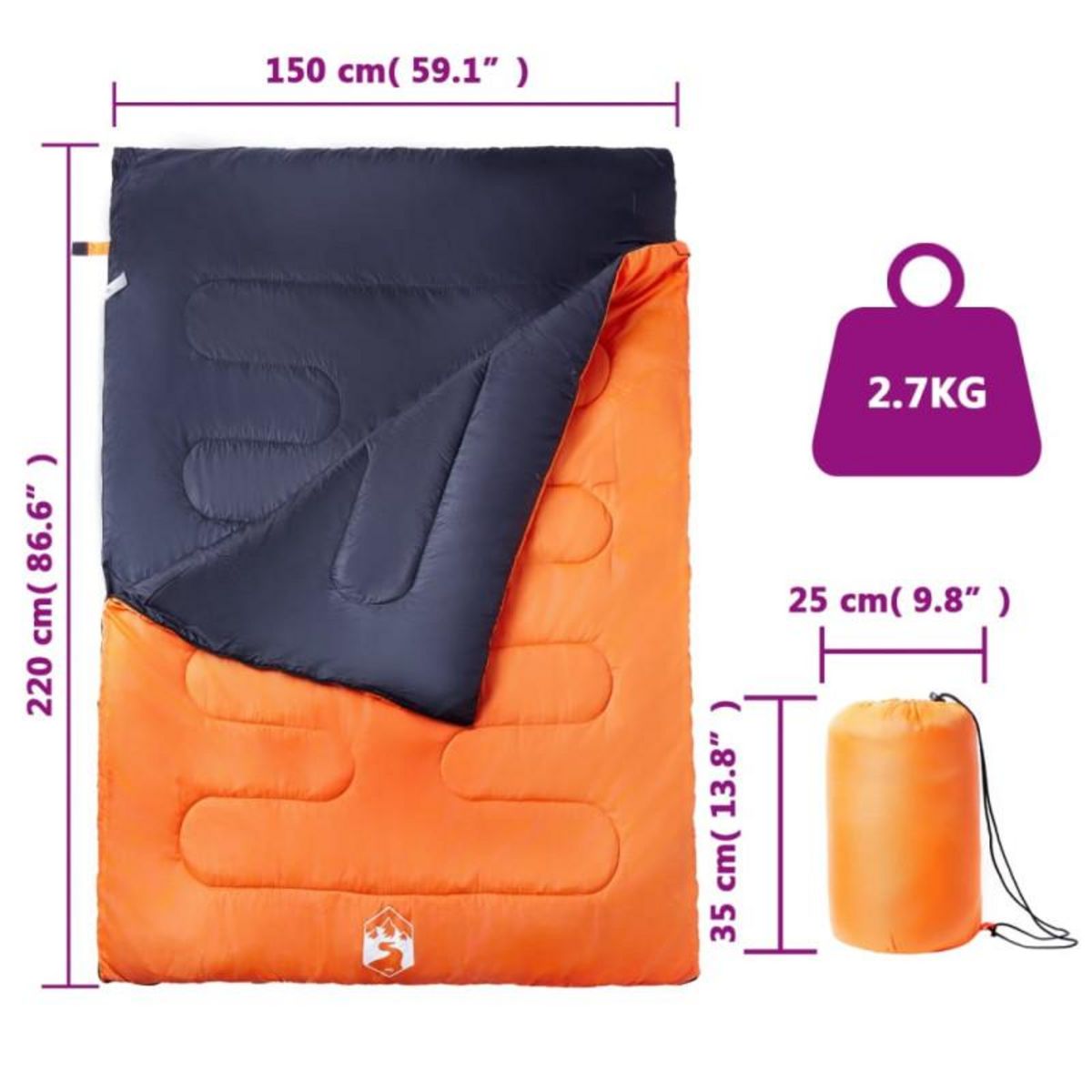 VIDAXL Sac de couchage double et oreillers adultes camping 3 4 saisons
