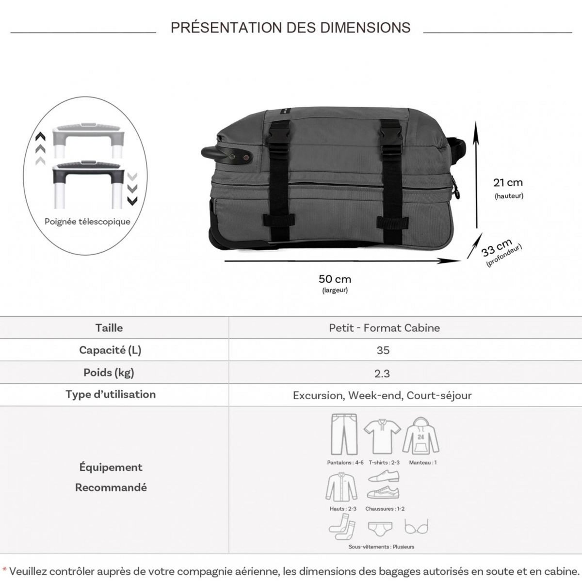 David Jones Sac de voyage cabine à roulettes 35L double compartiment 50cm