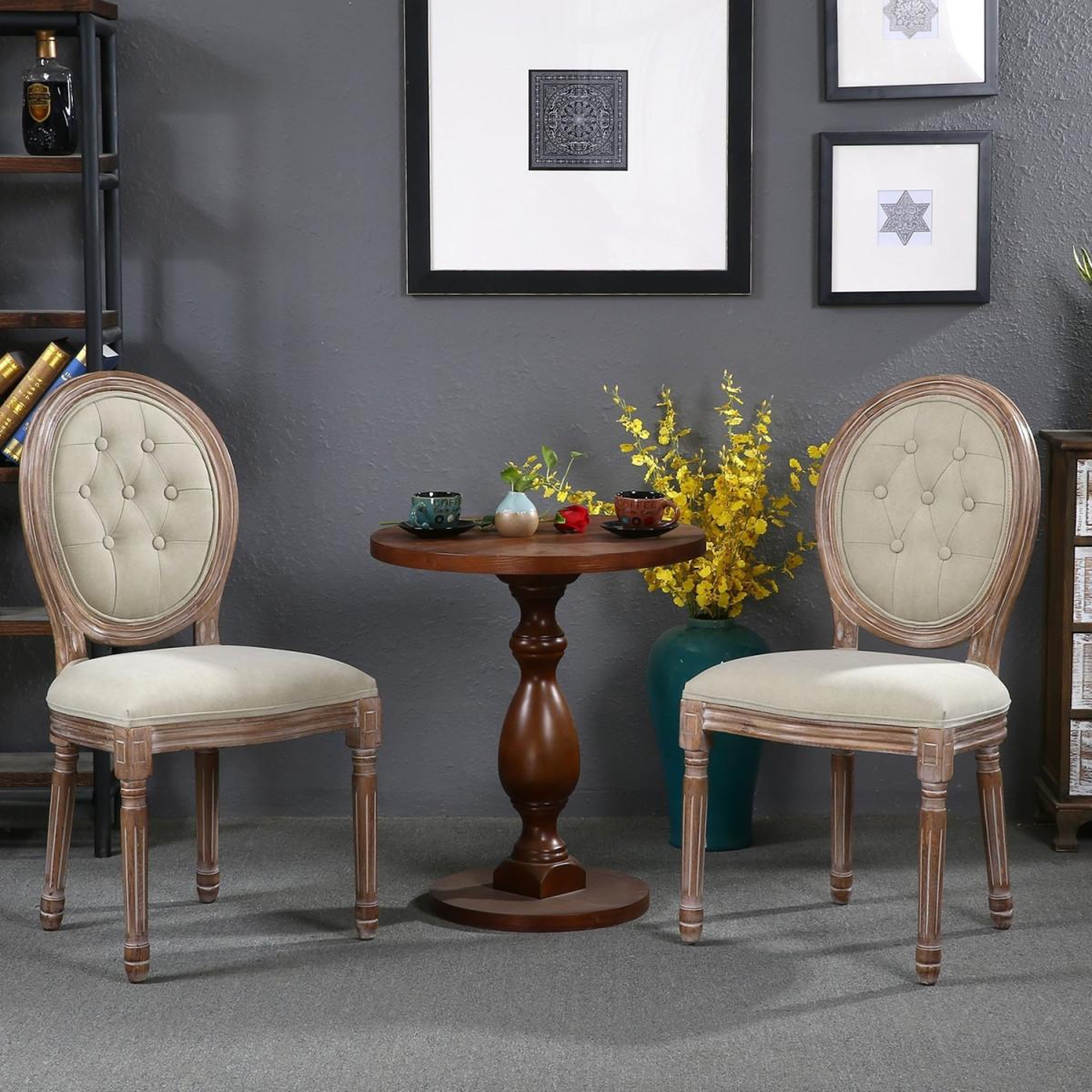 Voir la diapositive 3 : Paris Prix Lot de 2 chaises médaillon  quing  capitonné tissu beige