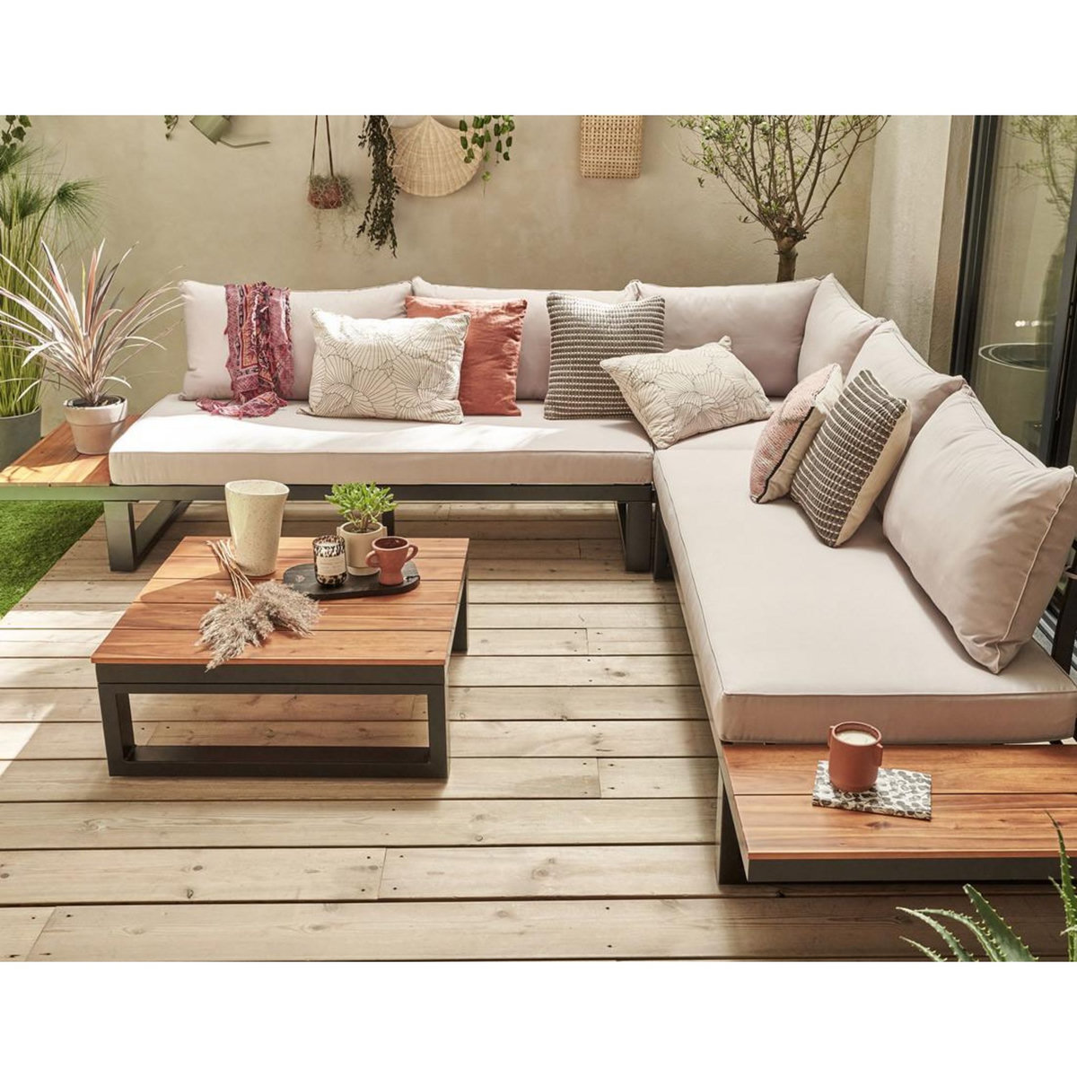 BEST MOBILIER Salome - salon bas de jardin 5 places + table - modulable - bois, métal et coussins beiges