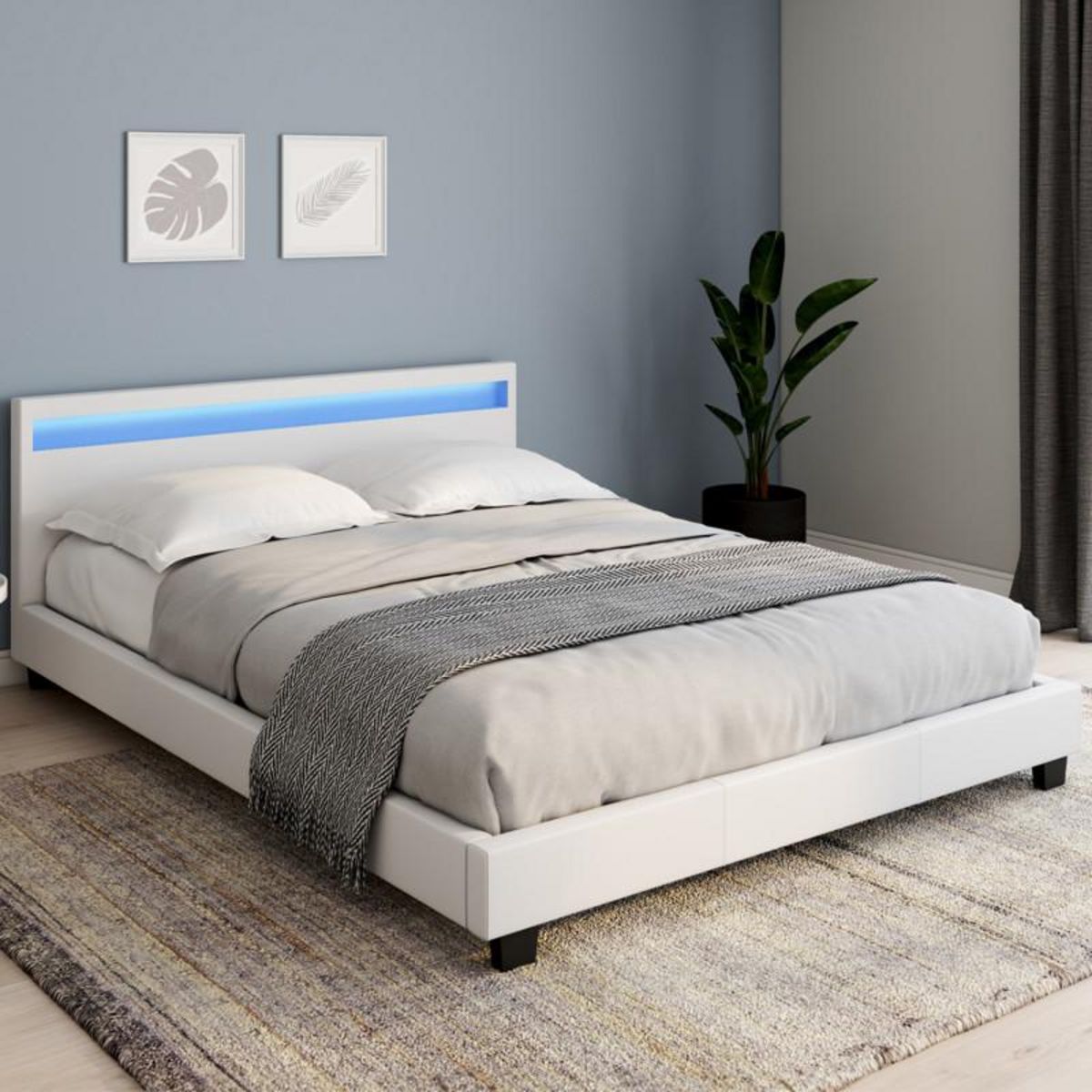 ID MARKET Lit double NEO avec tête de lit LED intégrées et sommier 160 x 200 cm PVC blanc