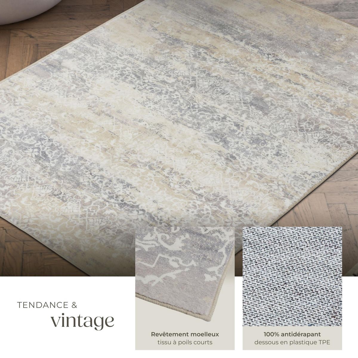 tectake Tapis design vintage à poils courts en laine synthétique et feutre beige 120 x 170 cm