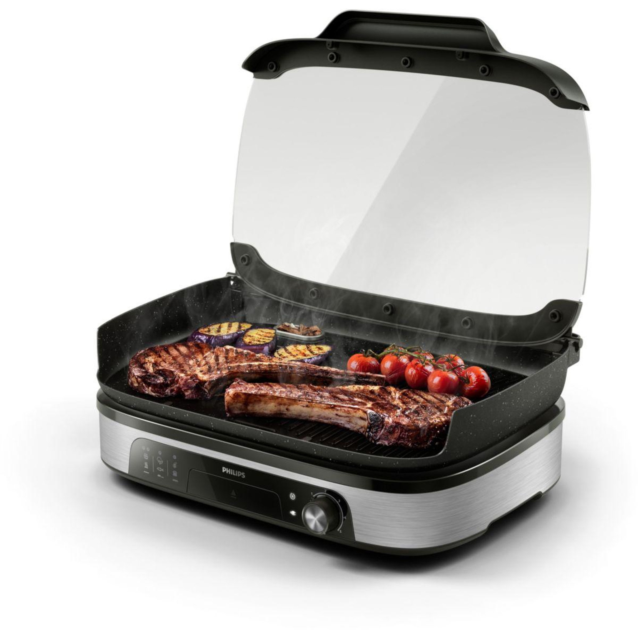 Voir la diapositive 2 : Philips Plancha électrique hd6212/90  couvercle verre à poser, 50x25 cm