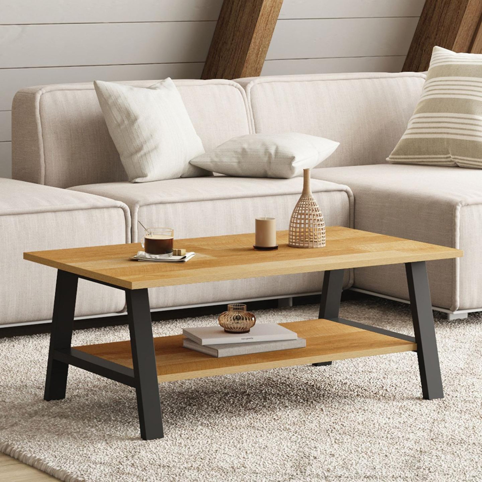 Voir la diapositive 2 : ID MARKET Table basse rectangulaire madeleine 100 cm double plateau bois et noir