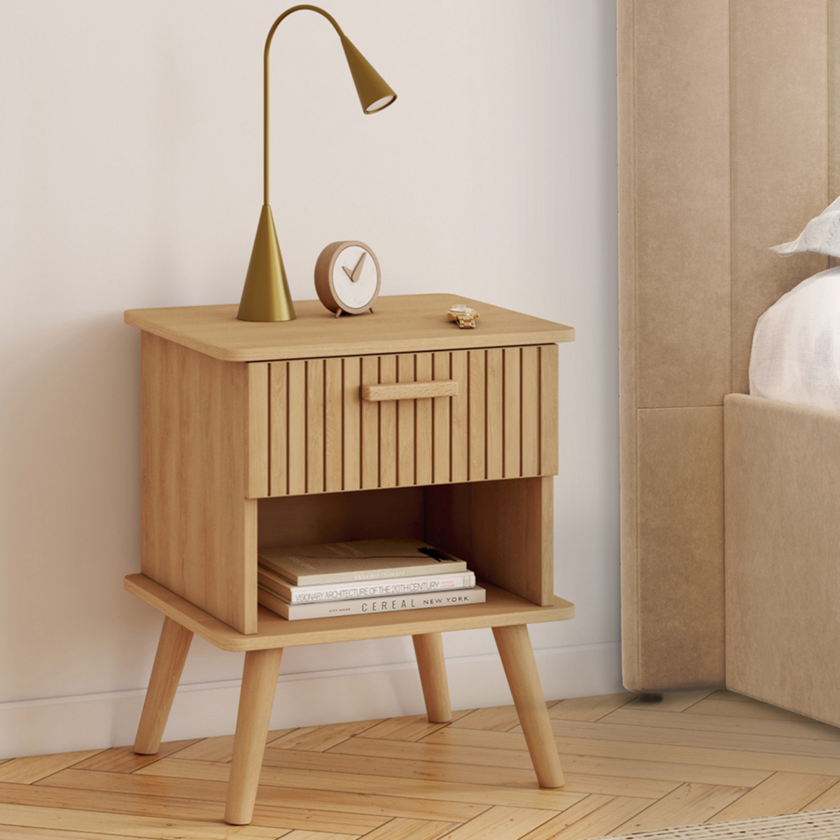 ID MARKET Lot de 2 tables de chevet JULIETTE 1 tiroir avec niche effet lattes tasseau bois