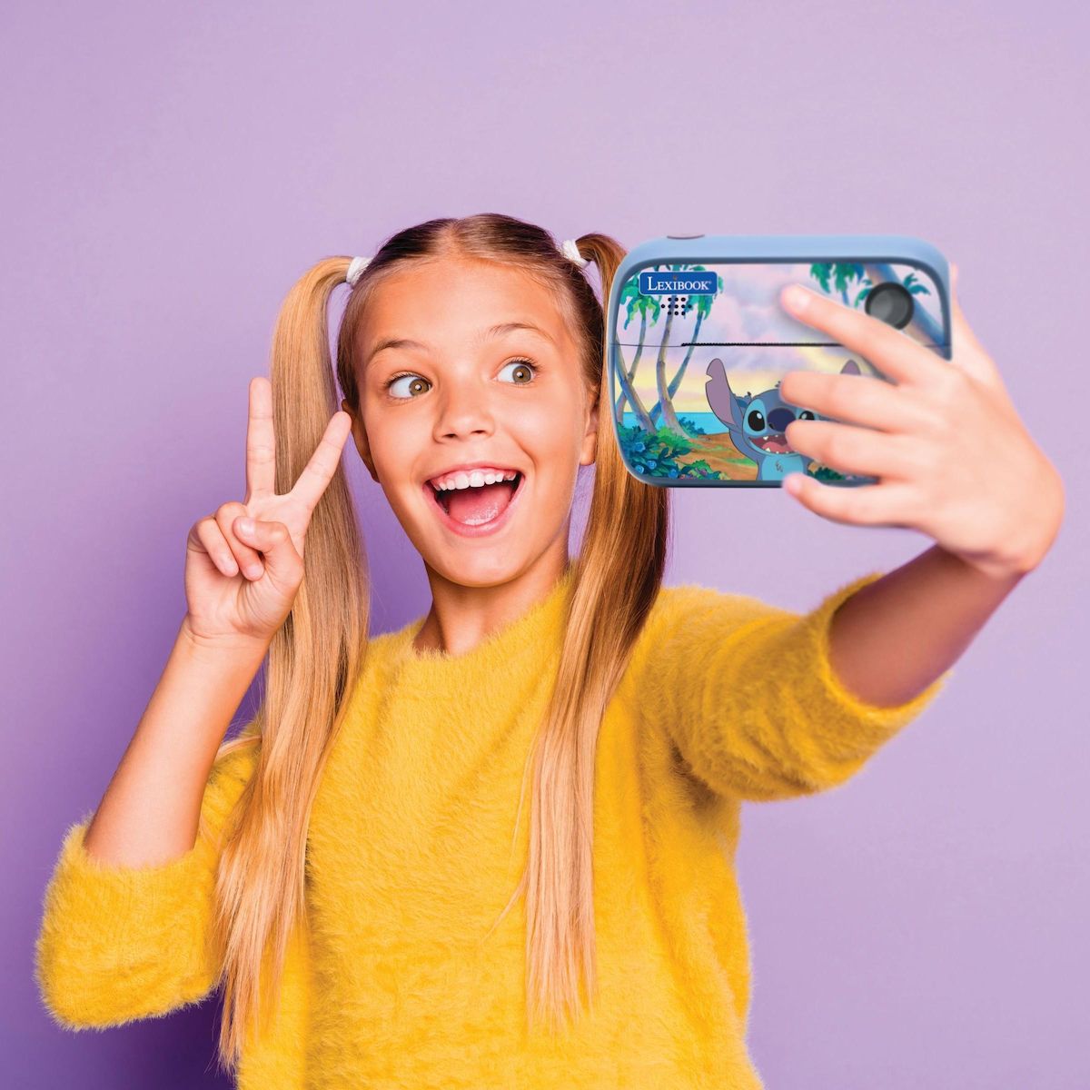 Lexibook Starcam® Print Disney Stitch, pack appareil photo numérique HD avec imprimante instantanée, carte SD et kit de personnalisation des photos