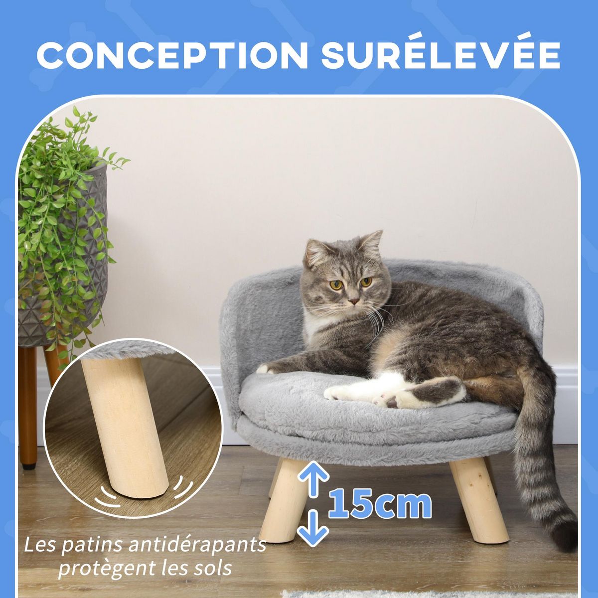 PAWHUT Canapé lit panier pour chien design scandinave coussin moelleux amovible pieds en bois Ø 40,5 x 33H cm gris